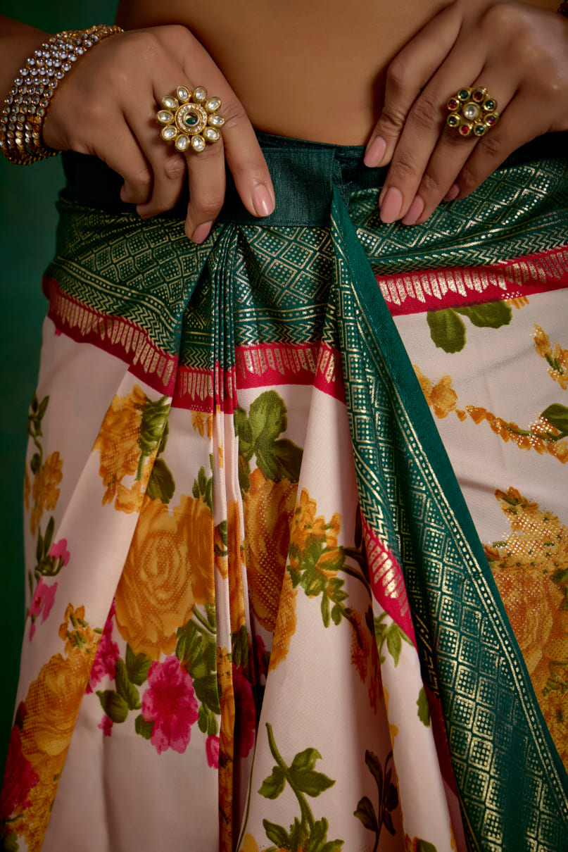 Elegant Rose Gold Cotton Silk Floral Print Ready to Wear Saree - Shop Now!-RTW-3723