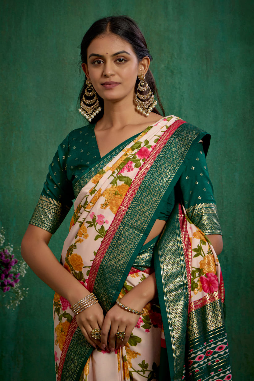 Elegant Rose Gold Cotton Silk Floral Print Ready to Wear Saree - Shop Now!-RTW-3723