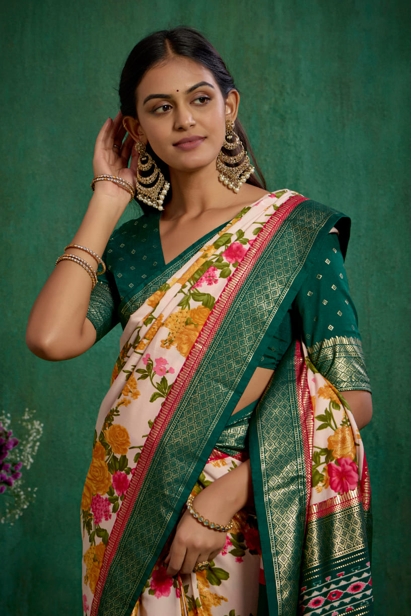 Elegant Rose Gold Cotton Silk Floral Print Ready to Wear Saree - Shop Now!-RTW-3723