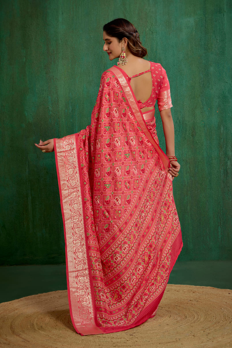 Buy Peach Cotton Silk Patola Print Ready to Wear Saree Online - Stylish & Affordable-RTW-3780