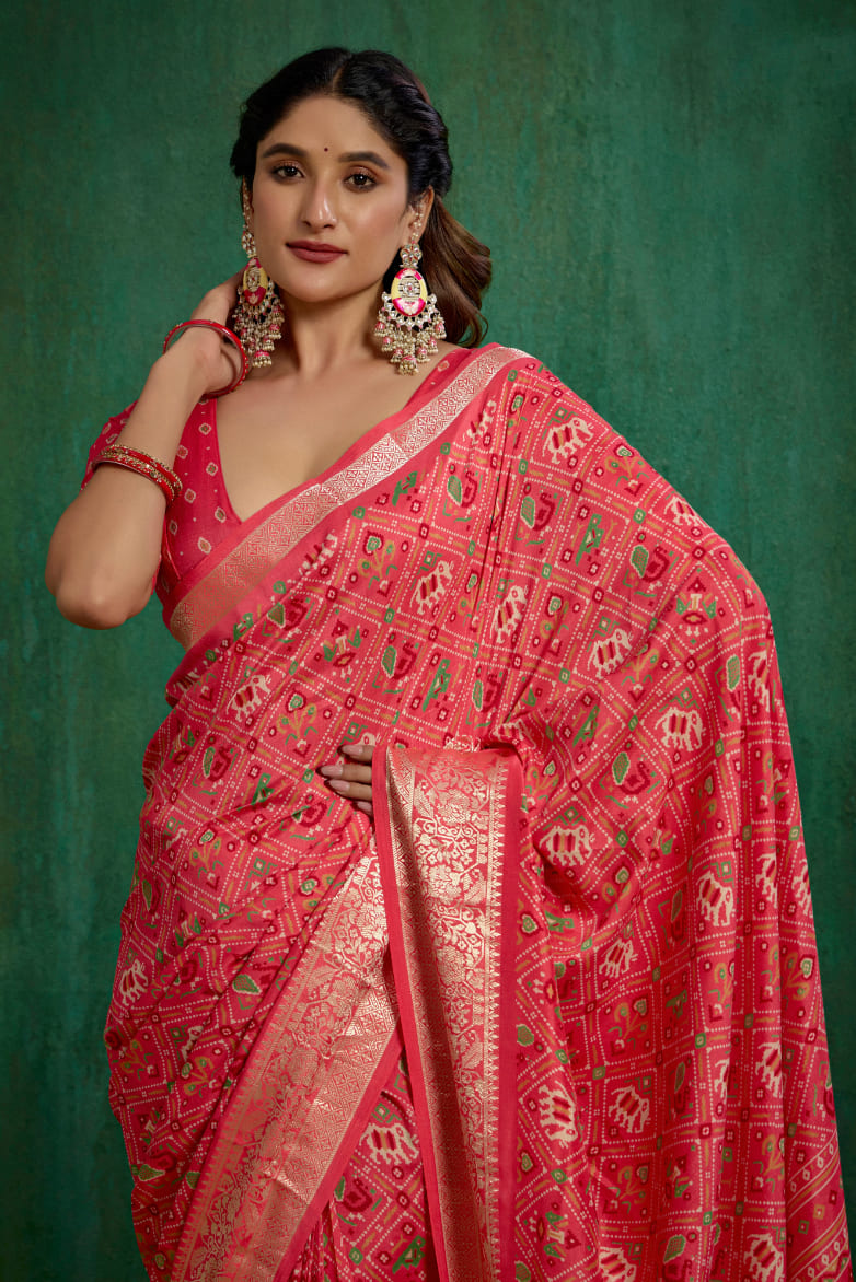 Buy Peach Cotton Silk Patola Print Ready to Wear Saree Online - Stylish & Affordable-RTW-3780