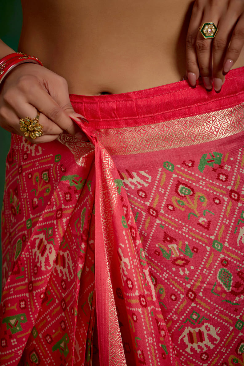 Buy Peach Cotton Silk Patola Print Ready to Wear Saree Online - Stylish & Affordable-RTW-3780