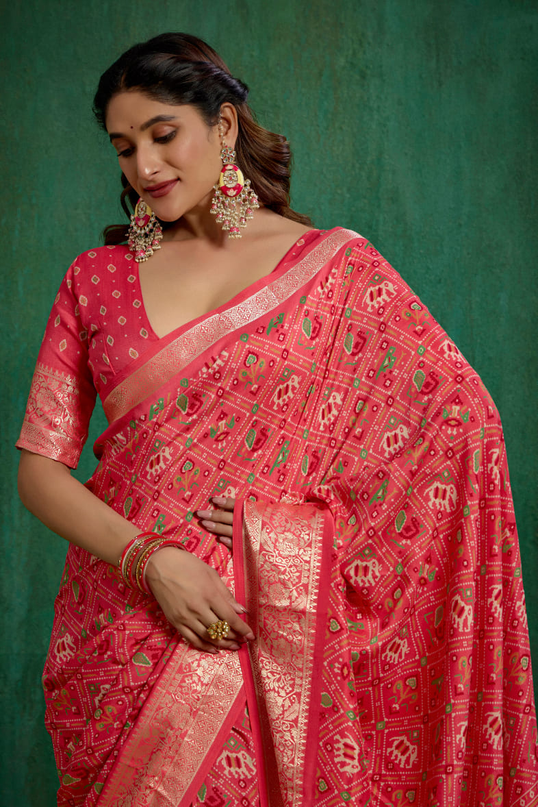 Buy Peach Cotton Silk Patola Print Ready to Wear Saree Online - Stylish & Affordable-RTW-3780