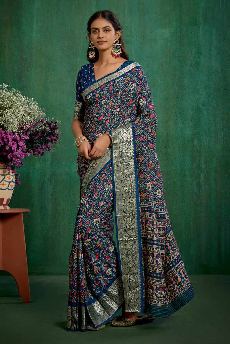 Buy Cotton Silk Blue Patola Print Ready to Wear Saree Online - Stylish & Affordable-RTW-3781