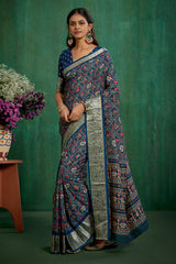 Buy Cotton Silk Blue Patola Print Ready to Wear Saree Online - Stylish & Affordable-RTW-3781