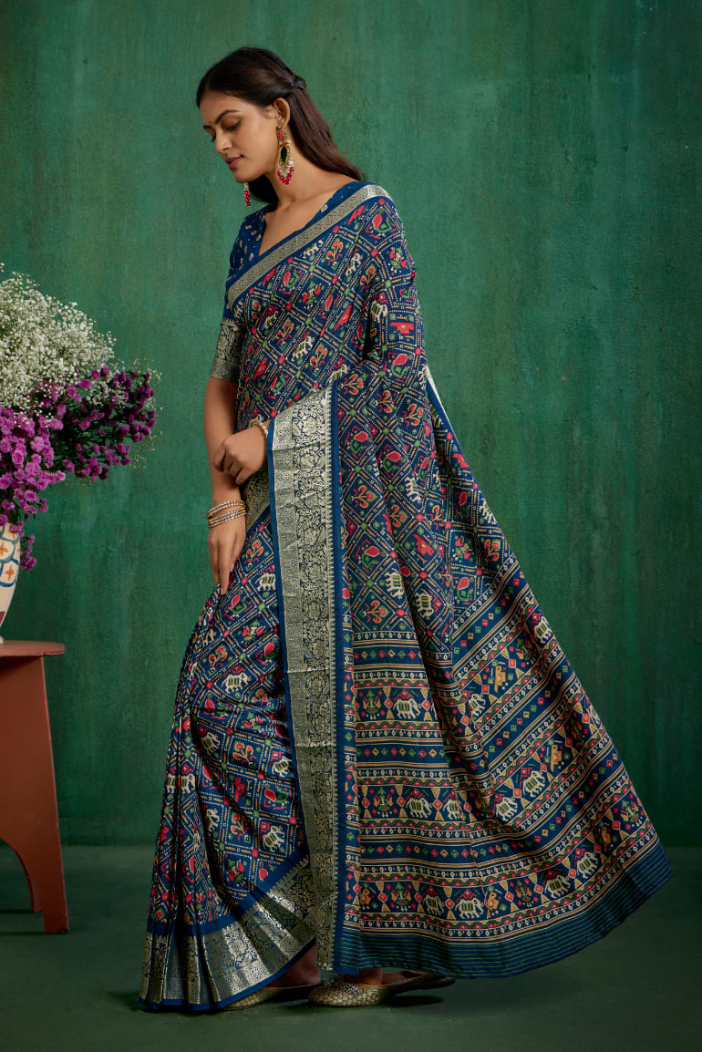 Buy Cotton Silk Blue Patola Print Ready to Wear Saree Online - Stylish & Affordable-RTW-3781