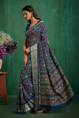 Buy Cotton Silk Blue Patola Print Ready to Wear Saree Online - Stylish & Affordable-RTW-3781