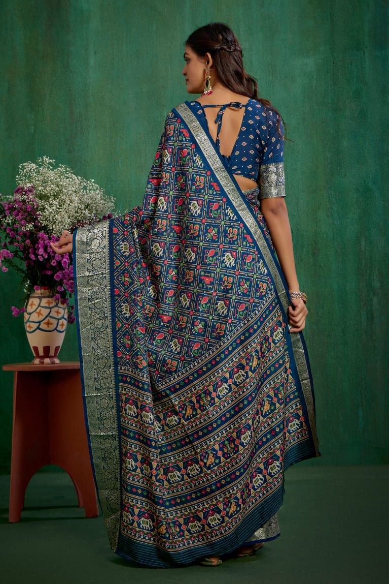 Buy Cotton Silk Blue Patola Print Ready to Wear Saree Online - Stylish & Affordable-RTW-3781