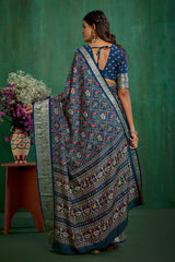 Buy Cotton Silk Blue Patola Print Ready to Wear Saree Online - Stylish & Affordable-RTW-3781