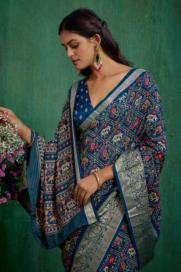Buy Cotton Silk Blue Patola Print Ready to Wear Saree Online - Stylish & Affordable-RTW-3781
