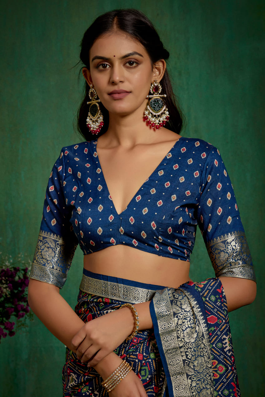 Buy Cotton Silk Blue Patola Print Ready to Wear Saree Online - Stylish & Affordable-RTW-3781