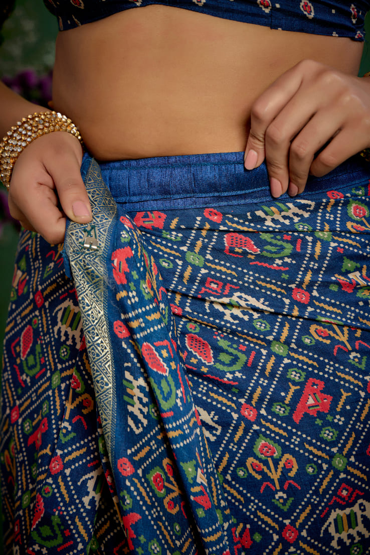 Buy Cotton Silk Blue Patola Print Ready to Wear Saree Online - Stylish & Affordable-RTW-3781