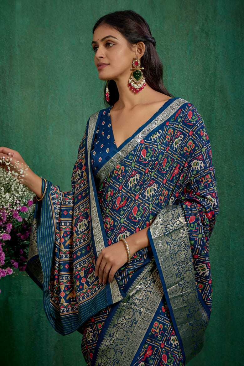 Buy Cotton Silk Blue Patola Print Ready to Wear Saree Online - Stylish & Affordable-RTW-3781