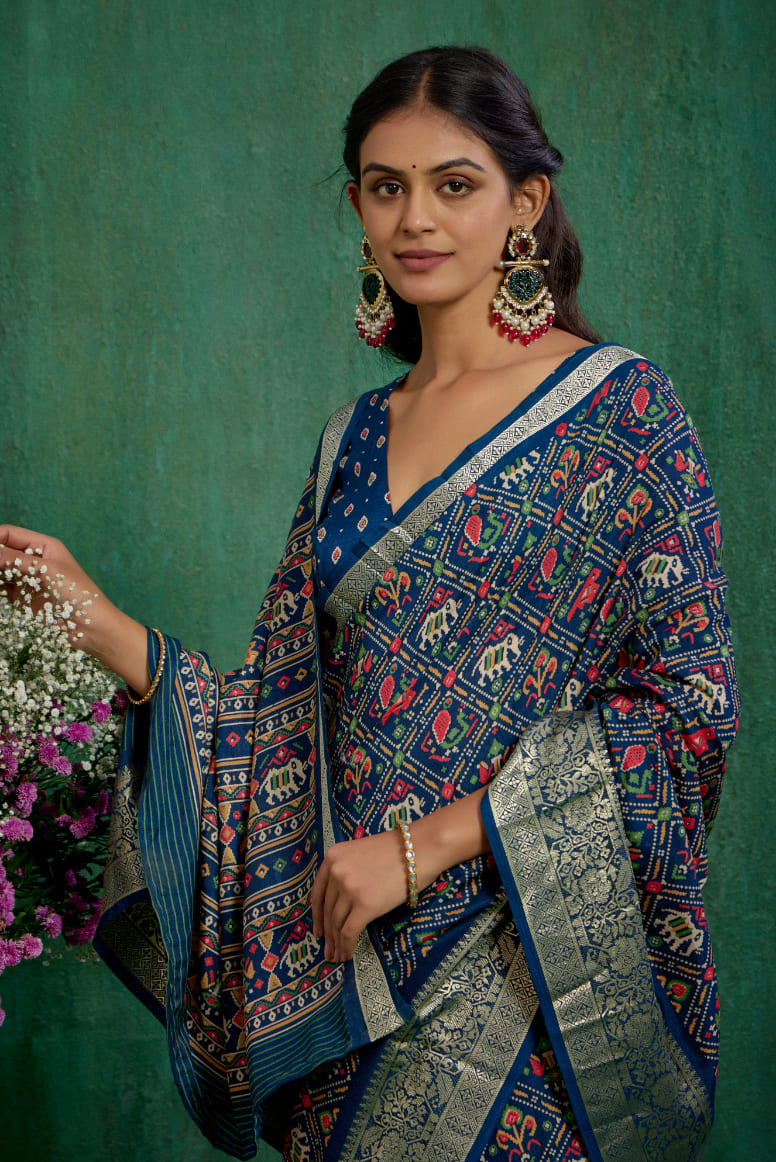 Buy Cotton Silk Blue Patola Print Ready to Wear Saree Online - Stylish & Affordable-RTW-3781