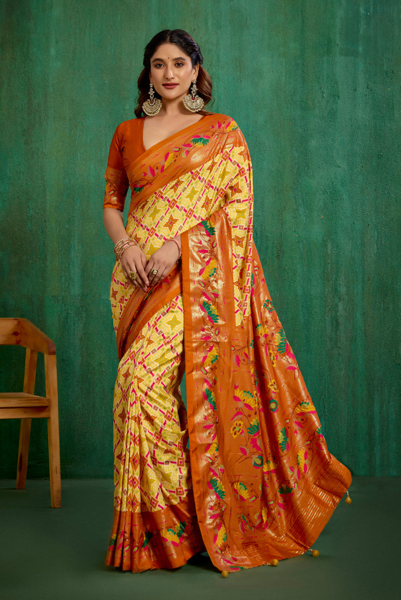 Shop Cotton Silk Orange Yellow Ikkat Print Ready to Wear Saree - Elegant & Comfortable Styles-RTW-3843