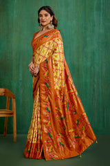 Shop Cotton Silk Orange Yellow Ikkat Print Ready to Wear Saree - Elegant & Comfortable Styles-RTW-3843