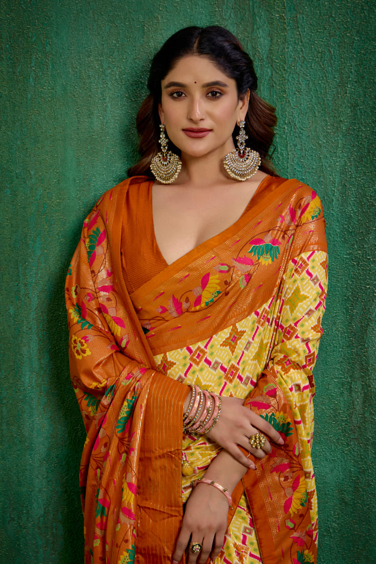 Shop Cotton Silk Orange Yellow Ikkat Print Ready to Wear Saree - Elegant & Comfortable Styles-RTW-3843