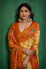 Shop Cotton Silk Orange Yellow Ikkat Print Ready to Wear Saree - Elegant & Comfortable Styles-RTW-3843