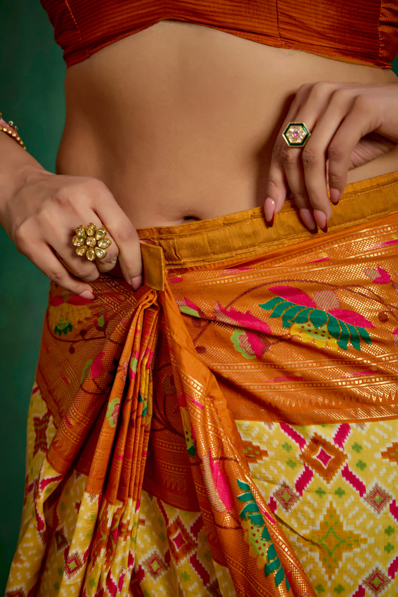 Shop Cotton Silk Orange Yellow Ikkat Print Ready to Wear Saree - Elegant & Comfortable Styles-RTW-3843