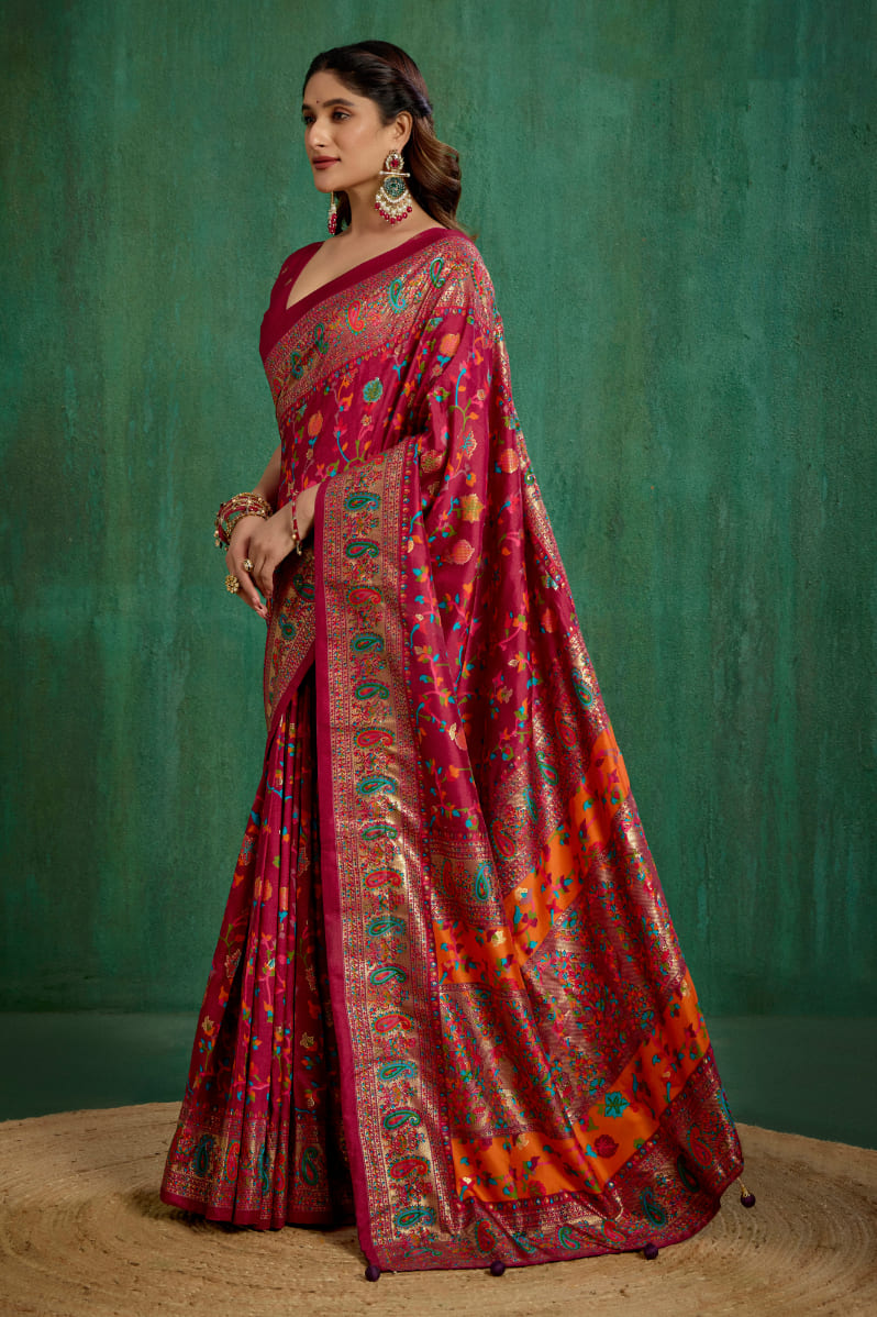 Shop Wine Berry Velvet Tussar Silk Floral Print Ready to Wear Saree Online - Best Prices-RTW-3859