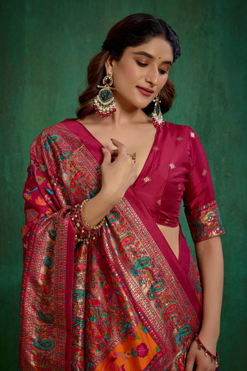 Shop Wine Berry Velvet Tussar Silk Floral Print Ready to Wear Saree Online - Best Prices-RTW-3859
