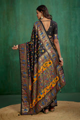 Shop Black Velvet Tussar Silk Floral Print Ready to Wear Saree Online - Best Prices-RTW-3862
