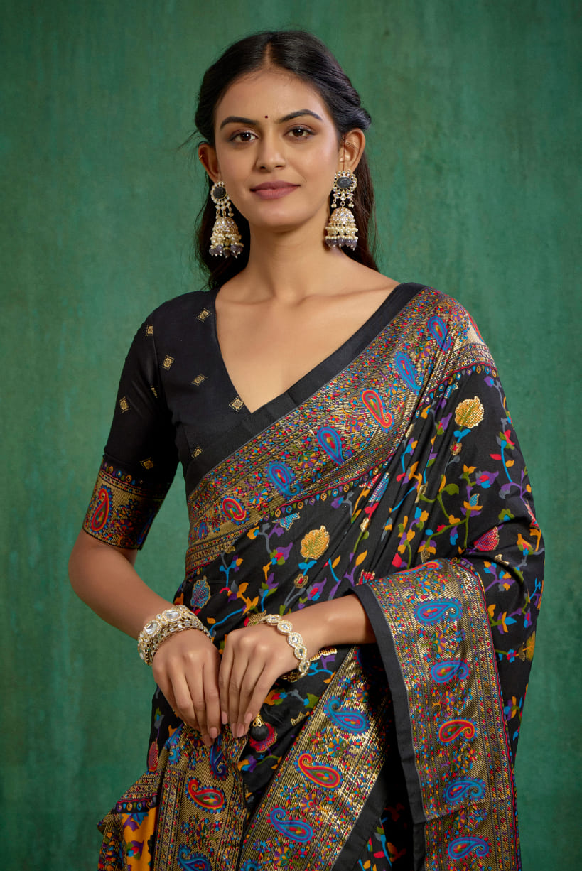 Shop Black Velvet Tussar Silk Floral Print Ready to Wear Saree Online - Best Prices-RTW-3862