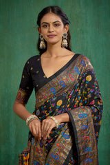 Shop Black Velvet Tussar Silk Floral Print Ready to Wear Saree Online - Best Prices-RTW-3862