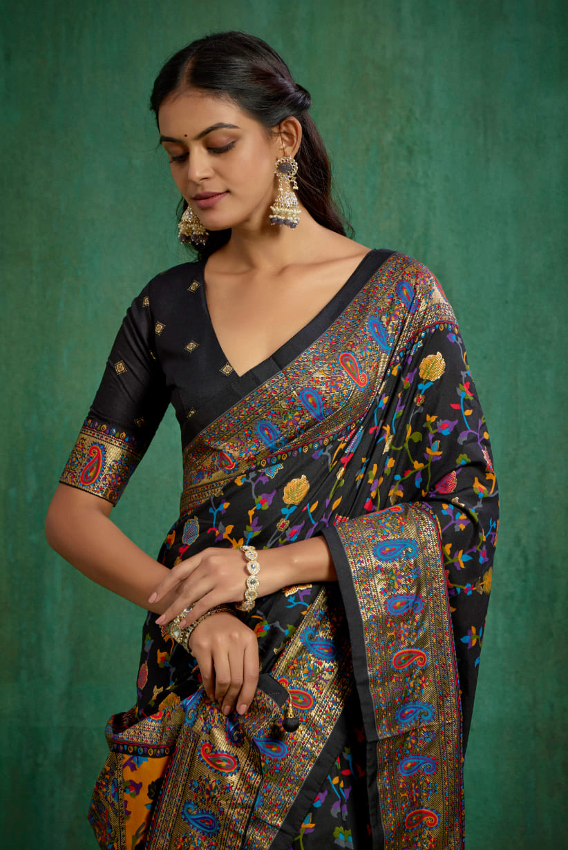 Shop Black Velvet Tussar Silk Floral Print Ready to Wear Saree Online - Best Prices-RTW-3862