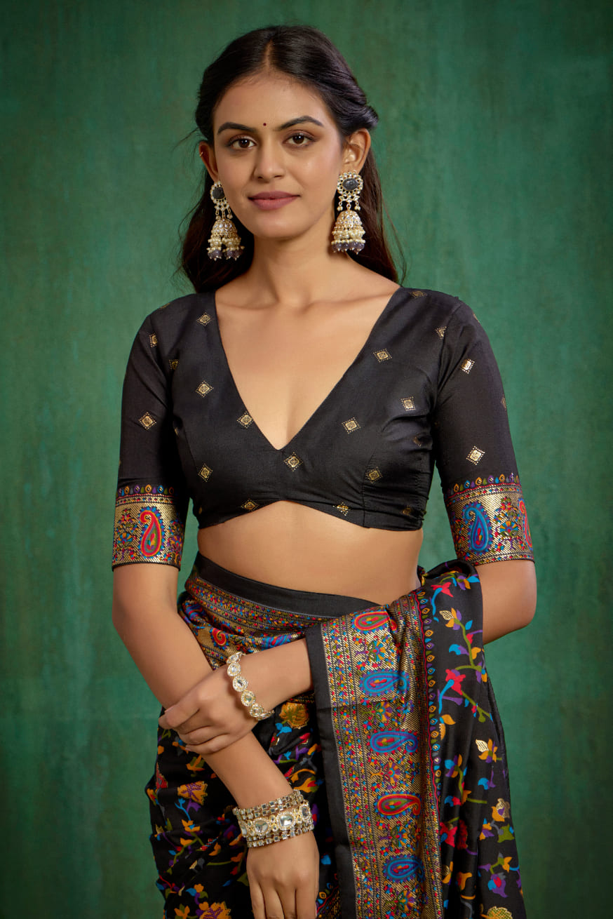 Shop Black Velvet Tussar Silk Floral Print Ready to Wear Saree Online - Best Prices-RTW-3862