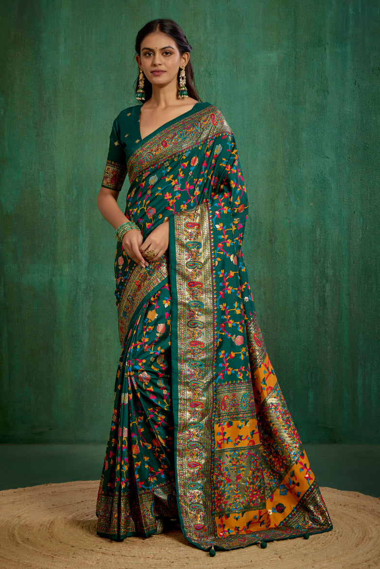 Shop Pine Green Velvet Tussar Silk Floral Print Ready to Wear Saree Online - Best Prices-RTW-3863