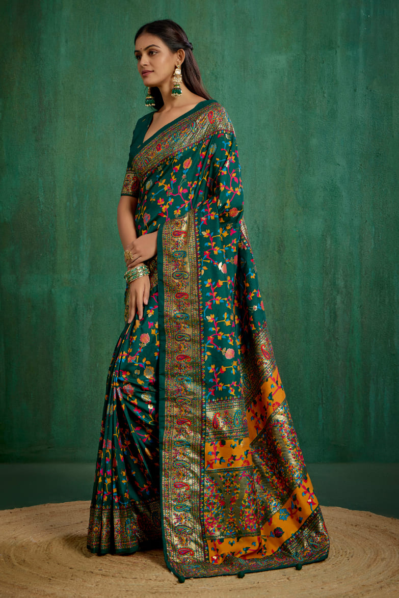 Shop Pine Green Velvet Tussar Silk Floral Print Ready to Wear Saree Online - Best Prices-RTW-3863