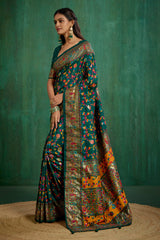 Shop Pine Green Velvet Tussar Silk Floral Print Ready to Wear Saree Online - Best Prices-RTW-3863