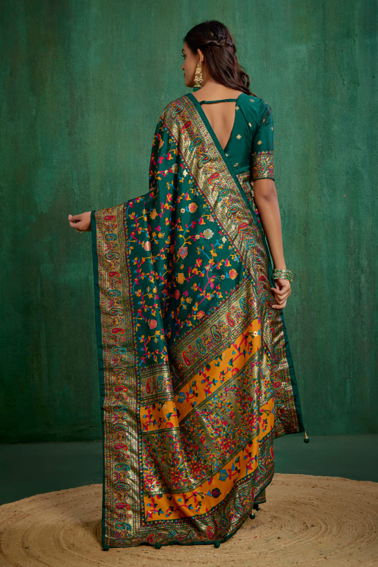 Shop Pine Green Velvet Tussar Silk Floral Print Ready to Wear Saree Online - Best Prices-RTW-3863
