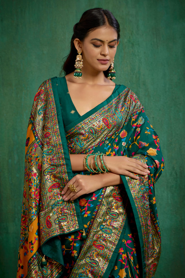 Shop Pine Green Velvet Tussar Silk Floral Print Ready to Wear Saree Online - Best Prices-RTW-3863