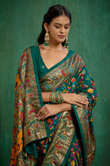 Shop Pine Green Velvet Tussar Silk Floral Print Ready to Wear Saree Online - Best Prices-RTW-3863