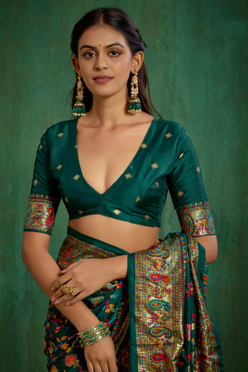Shop Pine Green Velvet Tussar Silk Floral Print Ready to Wear Saree Online - Best Prices-RTW-3863