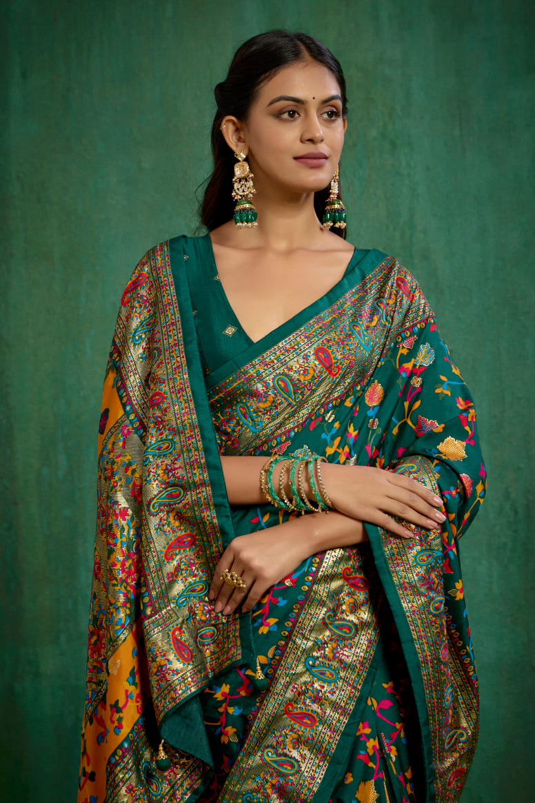 Shop Pine Green Velvet Tussar Silk Floral Print Ready to Wear Saree Online - Best Prices-RTW-3863