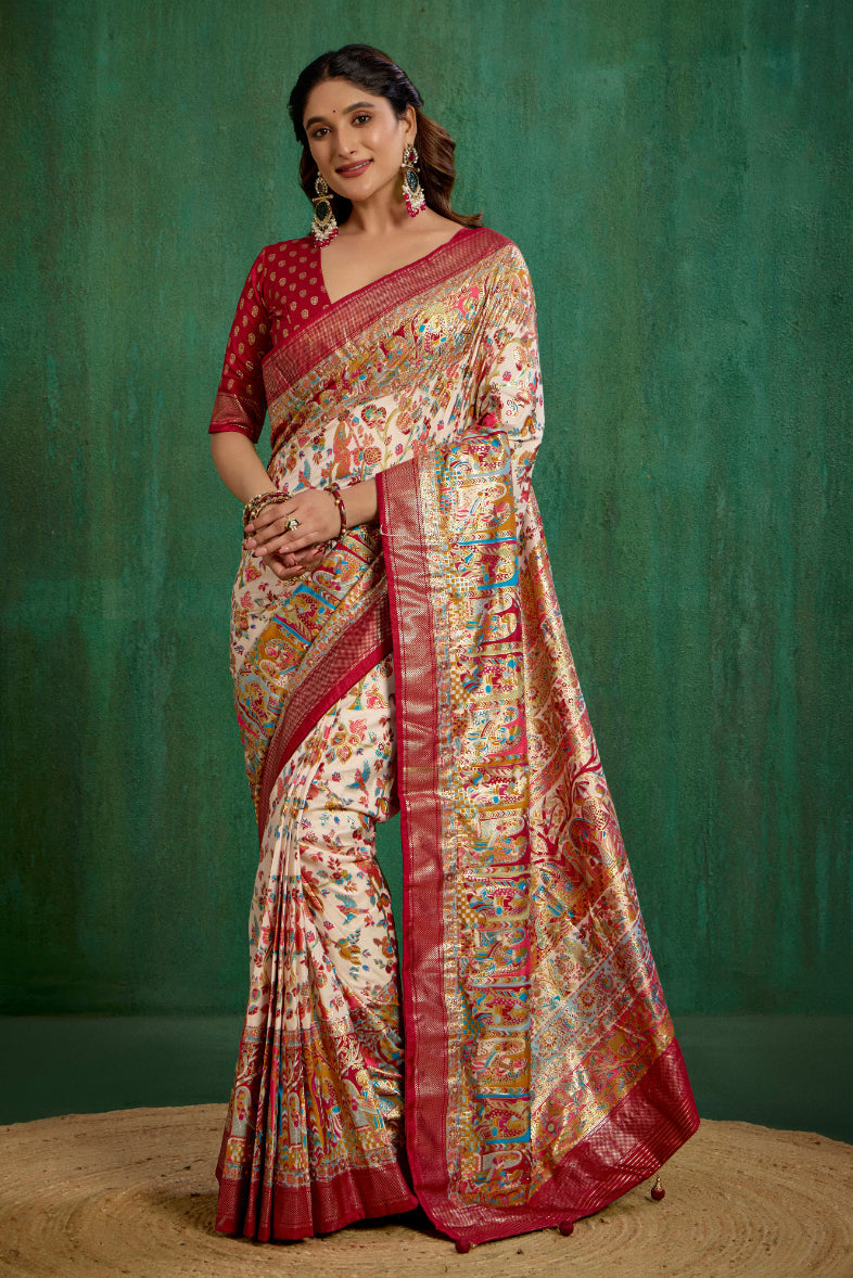 Shop Off White Elegant Tussar Silk Saree with Ethnic Motif - Ready to Wear Collection-RTW-3943