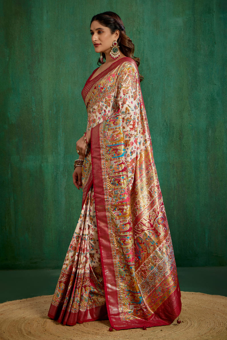 Shop Off White Elegant Tussar Silk Saree with Ethnic Motif - Ready to Wear Collection-RTW-3943