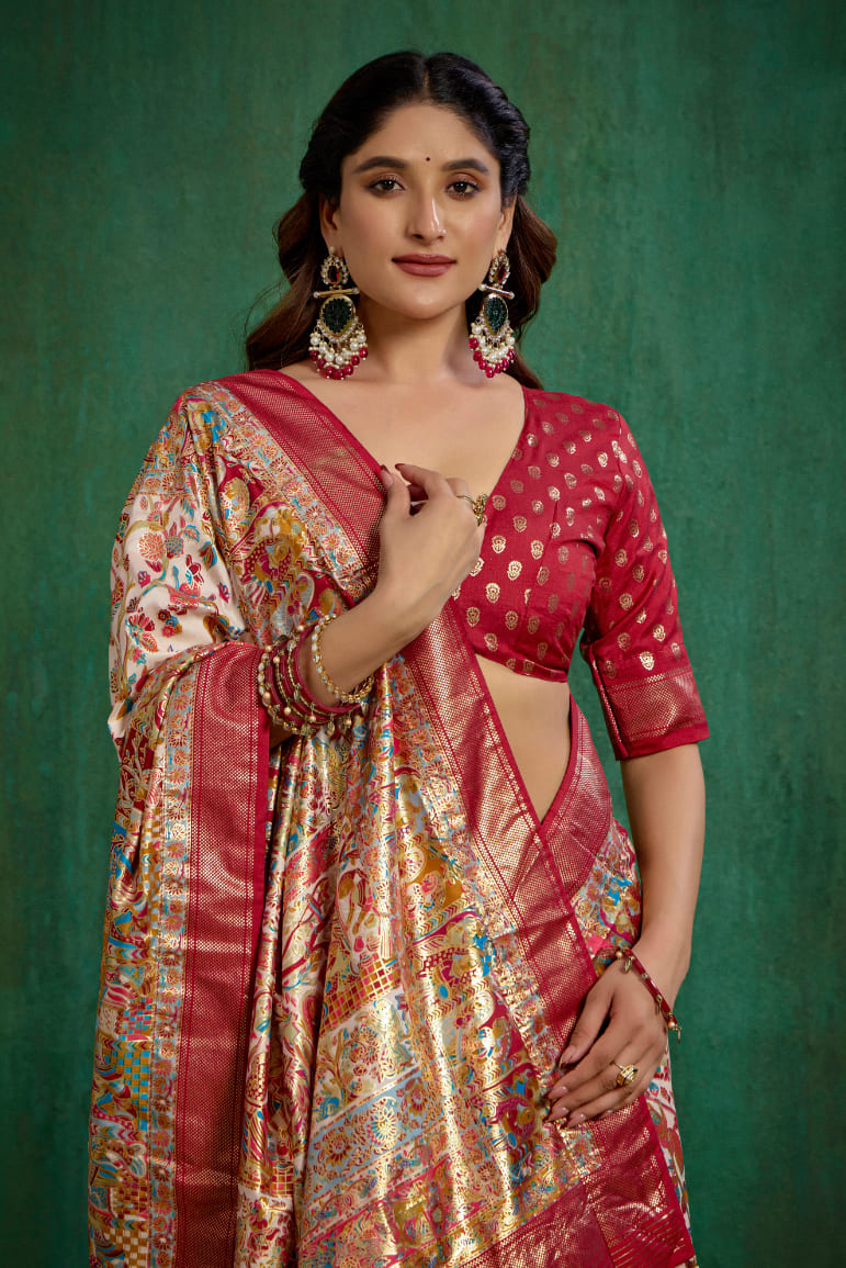 Shop Off White Elegant Tussar Silk Saree with Ethnic Motif - Ready to Wear Collection-RTW-3943