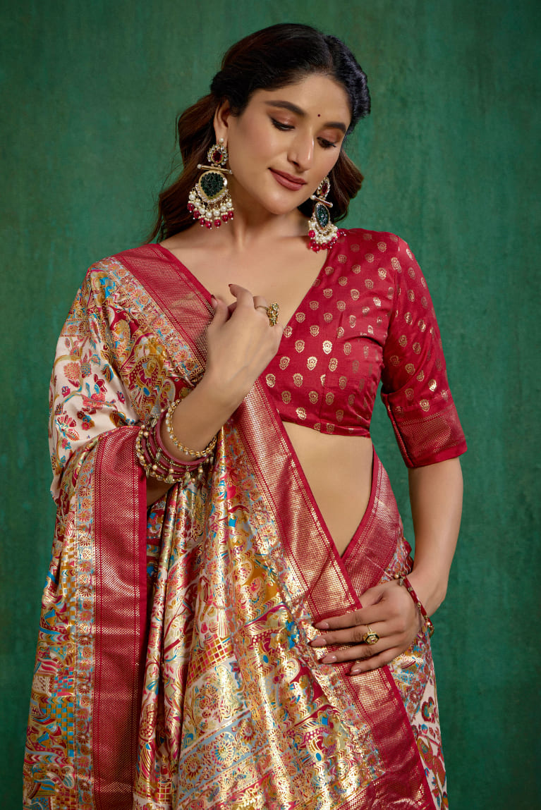 Shop Off White Elegant Tussar Silk Saree with Ethnic Motif - Ready to Wear Collection-RTW-3943