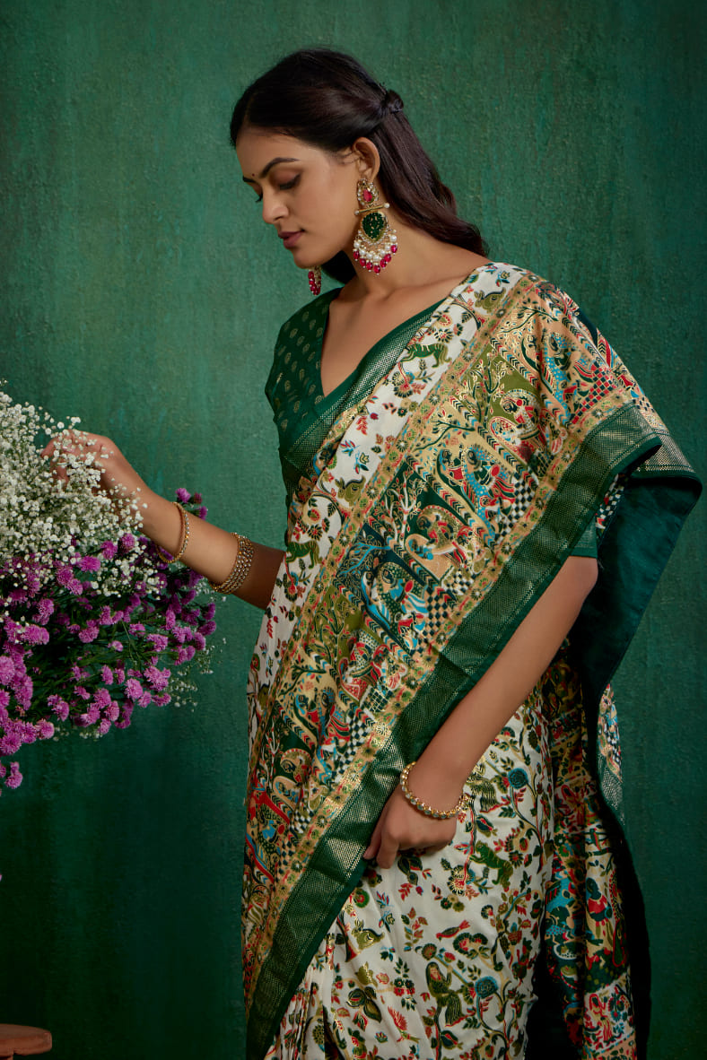 Shop Off White Elegant Tussar Silk Saree with Ethnic Motif - Ready to Wear Collection-RTW-3945