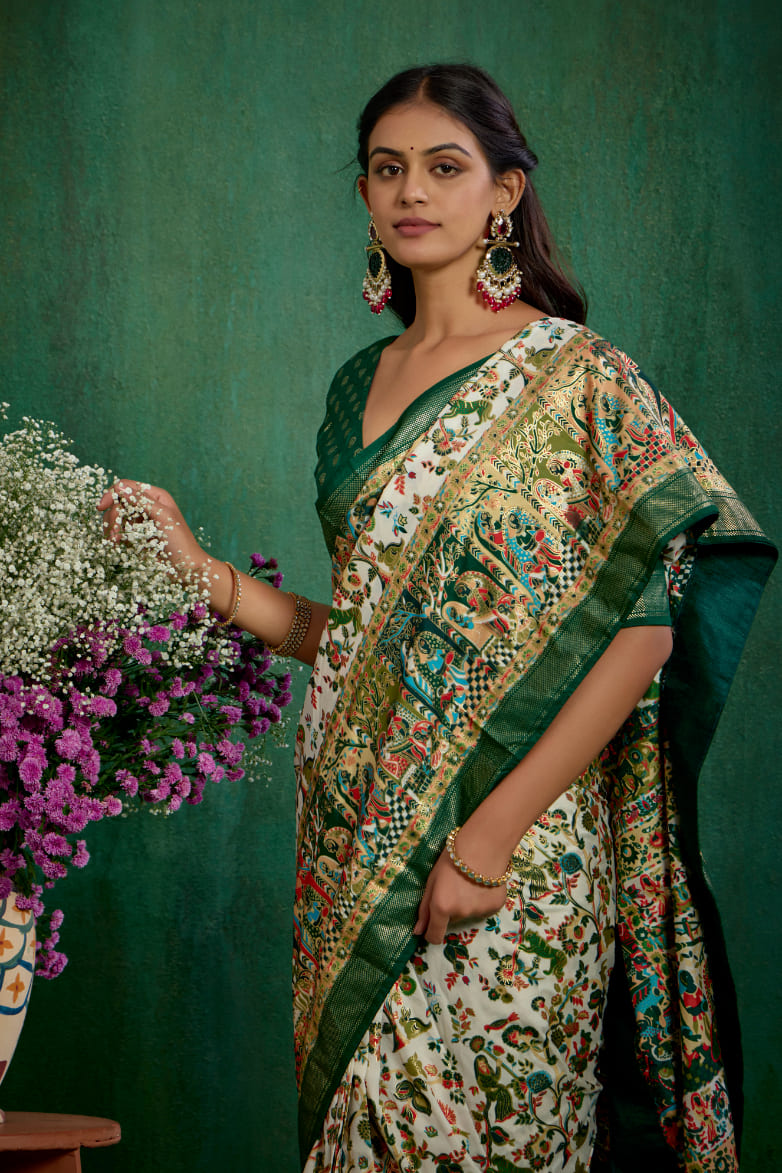 Shop Off White Elegant Tussar Silk Saree with Ethnic Motif - Ready to Wear Collection-RTW-3945