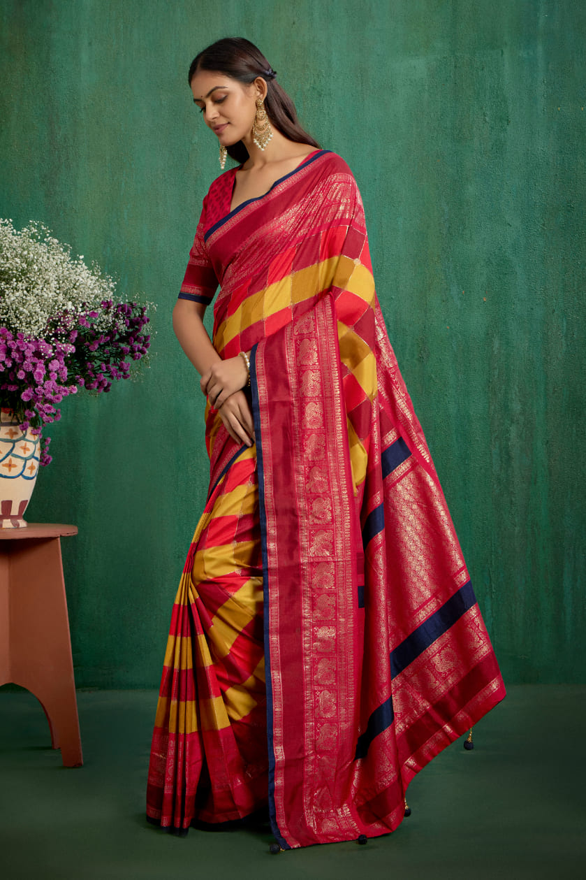 Shop Multi Elegant Tussar Silk Block Print Ready to Wear Sarees Online - Best Prices-RTW-4041