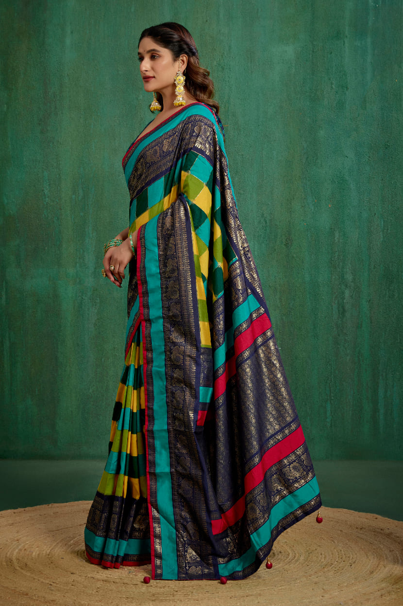 Shop Multi Elegant Tussar Silk Block Print Ready to Wear Sarees Online - Best Prices-RTW-4042