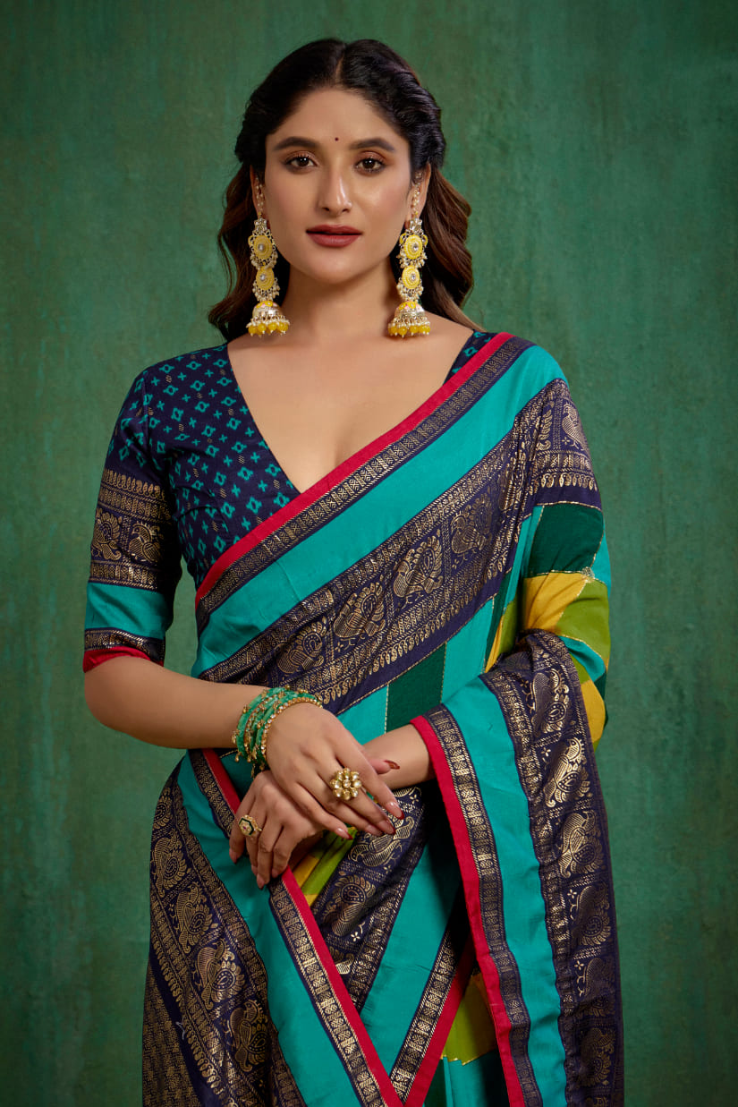 Shop Multi Elegant Tussar Silk Block Print Ready to Wear Sarees Online - Best Prices-RTW-4042