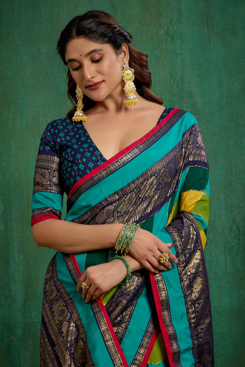 Shop Multi Elegant Tussar Silk Block Print Ready to Wear Sarees Online - Best Prices-RTW-4042