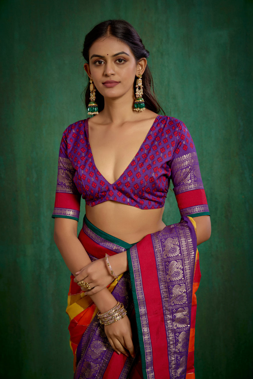 Shop Multi Elegant Tussar Silk Block Print Ready to Wear Sarees Online - Best Prices-RTW-4043