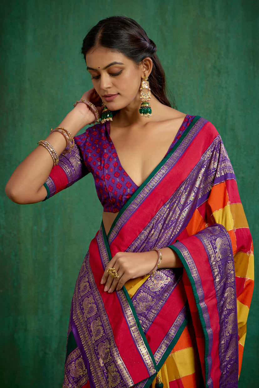 Shop Multi Elegant Tussar Silk Block Print Ready to Wear Sarees Online - Best Prices-RTW-4043